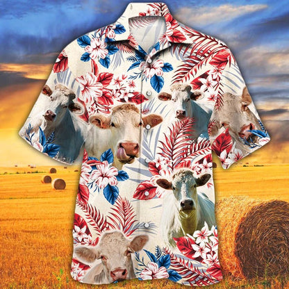 Charolais Cattle Lovers American Flag Hawaiian Shirt, Unisex Print Aloha Short Sleeve Casual Shirt HO5101