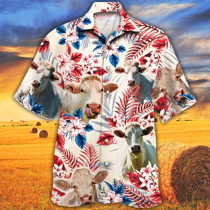 Charolais Cattle Lovers American Flag Hawaiian Shirt, Cow Flower aloha Hawaiian shirt, Cow Hawaiian shirt vintage, Hawaiian shirt men HO2610