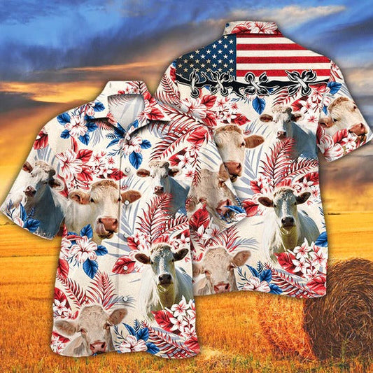 Charolais Cattle Lovers American Flag Hawaiian Shirt, Unisex Print Aloha Short Sleeve Casual Shirt HO5101