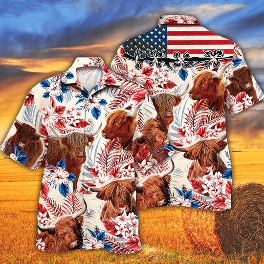 Highland Cattle Lovers American Flag Hawaiian Shirt, Unisex Print Aloha Short Sleeve Casual Shirt HO5099