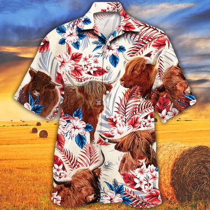 Highland Cattle Lovers American Flag Hawaiian Shirt, Cow Flower aloha shirt, Hawaiian shirt Men, Women HO0101