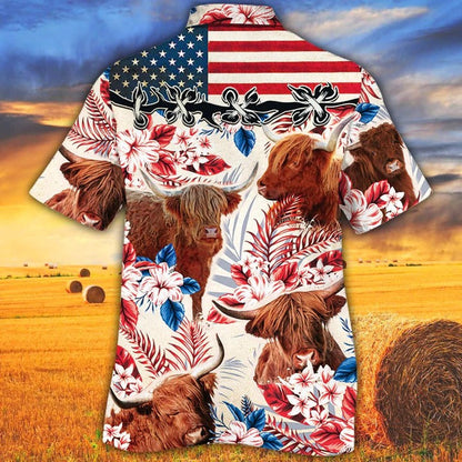 Highland Cattle Lovers American Flag Hawaiian Shirt, Unisex Print Aloha Short Sleeve Casual Shirt HO5099