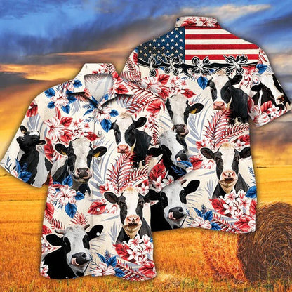 Holstein Friesian Cattle Lovers American Flag Hawaiian Shirt, Unisex Print Aloha Short Sleeve Casual Shirt HO5098