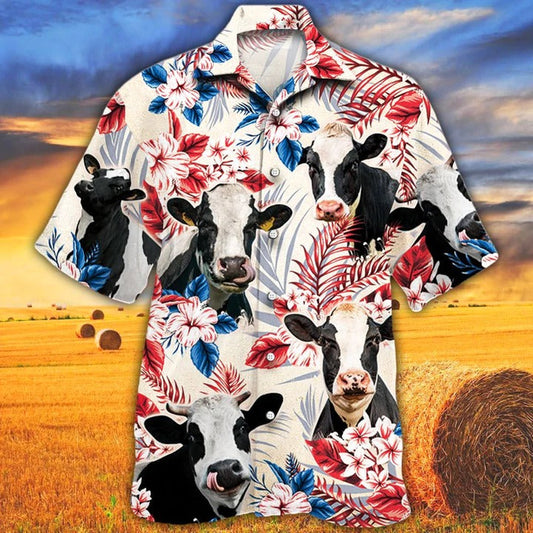 Holstein Friesian Cattle Lovers American Flag Hawaiian Shirt, Unisex Print Aloha Short Sleeve Casual Shirt HO5098