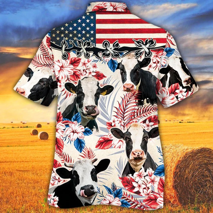 Holstein Friesian Cattle Lovers American Flag Hawaiian Shirt, Unisex Print Aloha Short Sleeve Casual Shirt HO5098