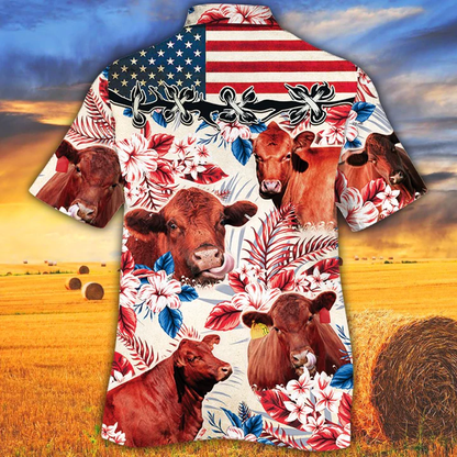 Red Angus Cattle Lovers American Flag Hawaiian Shirt, Cow aloha hawaiian shirt HO0102