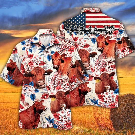 Red Angus Cattle Lovers American Flag Hawaiian Shirt, Unisex Print Aloha Short Sleeve Casual Shirt HO5103