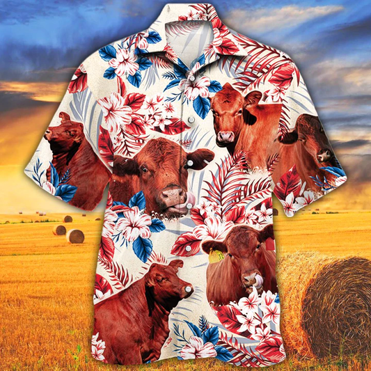 Red Angus Cattle Lovers American Flag Hawaiian Shirt, Cow aloha hawaiian shirt HO0102