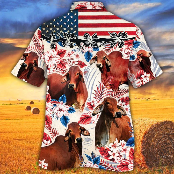 Red Brahman Cattle Lovers American Flag Hawaiian Shirt, Unisex Print Aloha Short Sleeve Casual Shirt HO5102