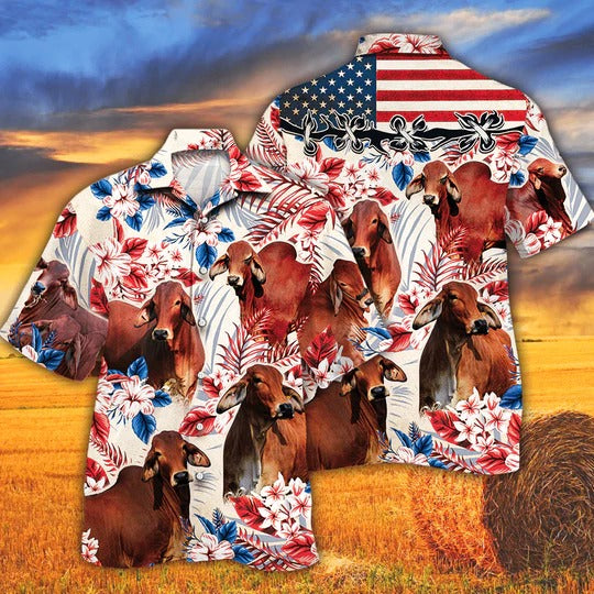 Red Brahman Cattle Lovers American Flag Hawaiian Shirt, Unisex Print Aloha Short Sleeve Casual Shirt HO5102