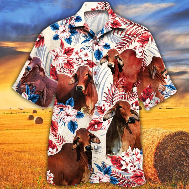 Red Brahman Cattle Lovers American Flag Hawaiian Shirt, Unisex Print Aloha Short Sleeve Casual Shirt HO5102