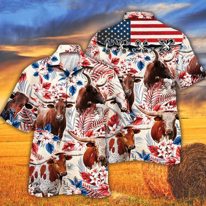 Tx Longhorn Cattle Lovers American Flag Hawaiian Shirt, Unisex Print Aloha Short Sleeve Casual Shirt HO5097