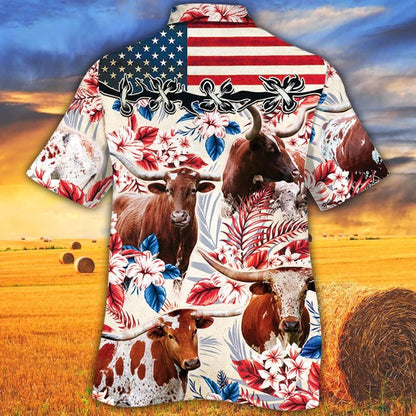 Tx Longhorn Cattle Lovers American Flag Hawaiian Shirt, Unisex Print Aloha Short Sleeve Casual Shirt HO5097