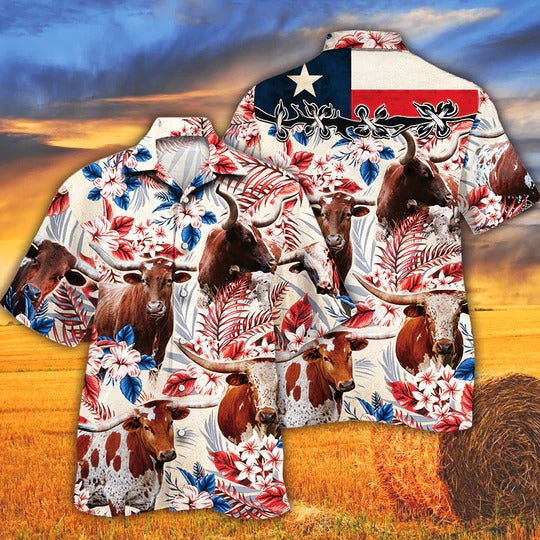 Tx Longhorn Cattle Lovers Texas Flag Hawaiian Shirt, Unisex Print Aloha Short Sleeve Casual Shirt HO0384