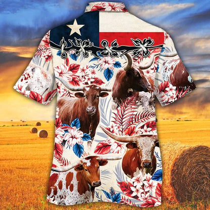 Tx Longhorn Cattle Lovers Texas Flag Hawaiian Shirt, Unisex Print Aloha Short Sleeve Casual Shirt HO0384