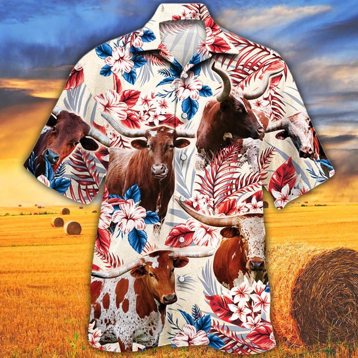 Tx Longhorn Cattle Lovers Texas Flag Hawaiian Shirt, Unisex Print Aloha Short Sleeve Casual Shirt HO0384