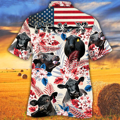 Black Angus Cattle Lovers American Flag Hawaiian Shirt, Cow Hawaiian shirt vintage flower, Hawaiian shirt men, Hawaiian shirt women HO0008