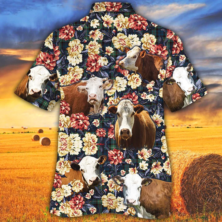 Hereford Cattle Lovers Green Plaid Pattern Hawaiian Shirt, Animals Button Down Mens Hawaiian Shirts Short Sleeve HO2538