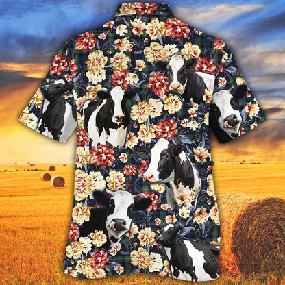 Cow Hawaiian shirt, Summer Hawaiian shirt, Animal shirt, Holstein Friesian Cattle Green Plaid Pattern Hawaiian Shirt HO2536