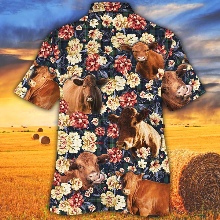 Cow Hawaiian shirt, Summer Hawaiian shirt, Animal shirt, Red Angus Cattle Green Plaid Pattern Hawaiian Shirt HO2535