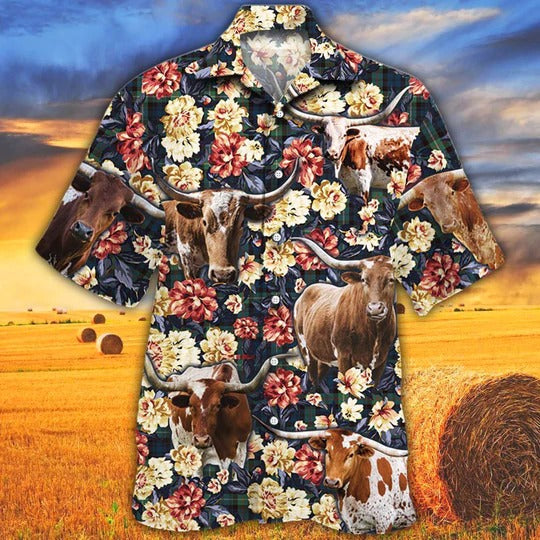 Tx Longhorn Cattle Lovers Green Plaid Pattern Hawaiian Shirt, Unisex Print Aloha Short Sleeve Casual Shirt HO5093