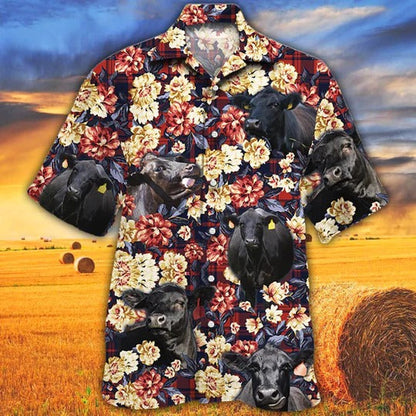 Black Angus Cattle Lovers Red Plaid Pattern Hawaiian Shirt, Unisex Print Aloha Short Sleeve Casual Shirt HO5094