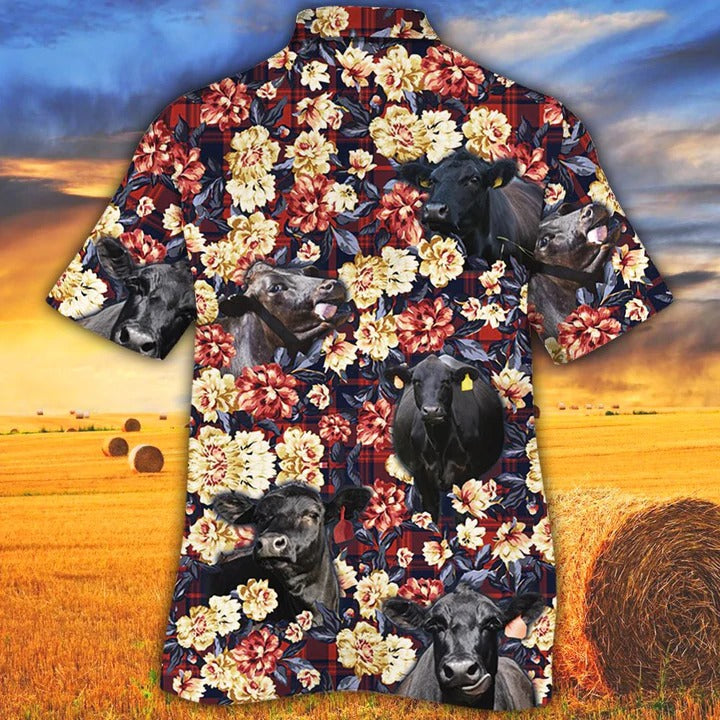 Black Angus Cattle Lovers Red Plaid Pattern Hawaiian Shirt, Unisex Print Aloha Short Sleeve Casual Shirt HO5094