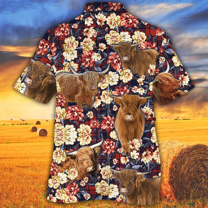 Cow Hawaiian shirt for men, Highland Cattle Red Plaid Pattern Hawaiian Shirt, Summer Hawaiian shirt, Animal shirt HO2530