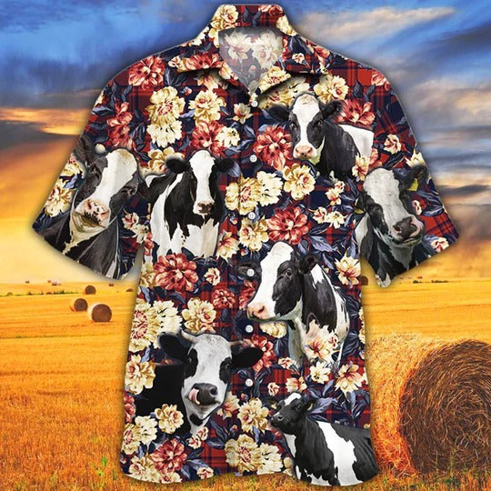 Holstein Friesian Cattle Lovers Red Plaid Pattern Hawaiian Shirt, Unisex Print Aloha Short Sleeve Casual Shirt HO5092