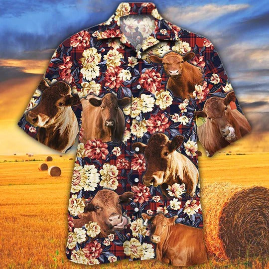 Red Angus Cattle Lovers Red Plaid Pattern Hawaiian Shirt, Unisex Print Aloha Short Sleeve Casual Shirt HO5095