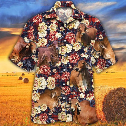 Red Brahman Cattle Lovers Red Plaid Pattern Hawaiian Shirt, Unisex Print Aloha Short Sleeve Casual Shirt HO5091