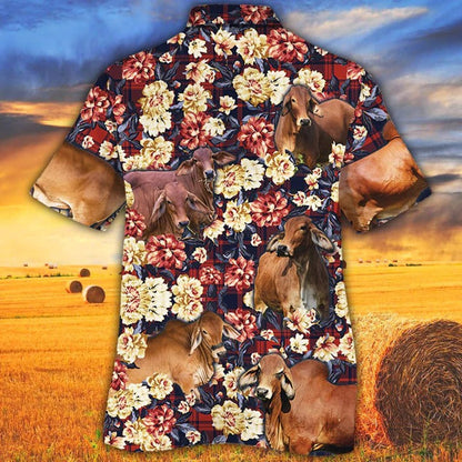 Red Brahman Cattle Lovers Red Plaid Pattern Hawaiian Shirt, Unisex Print Aloha Short Sleeve Casual Shirt HO5091