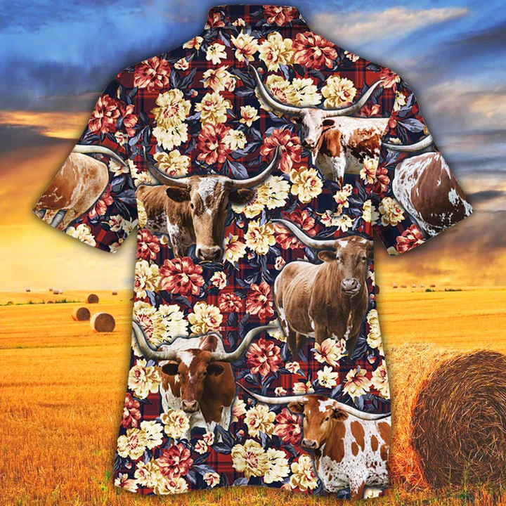 Tx Longhorn Cattle Red Plaid Pattern Hawaiian Shirt, Cow Hawaiian Shirt Men, Summer Hawaiian shirt, Animal shirt HO2524