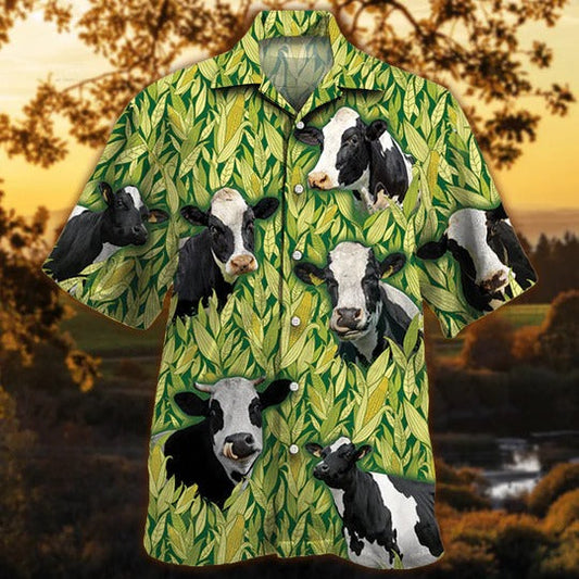 Holstein Friesian Cattle Lovers Corn Pattern Hawaiian Shirt, Cow Hawaiian Aloha Beach Shirt HO5052