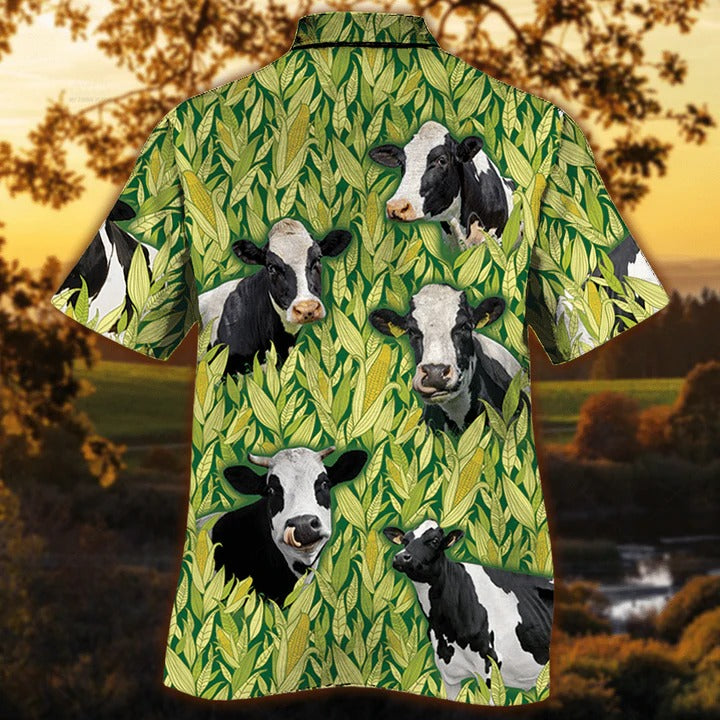 Holstein Friesian Cattle Lovers Corn Pattern Hawaiian Shirt, Cow Hawaiian Aloha Beach Shirt HO5052