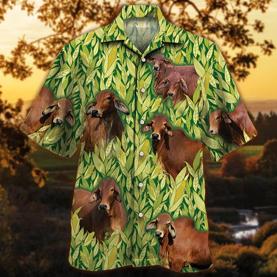 Red Brahman Cattle Lovers Corn Pattern Hawaiian Shirt, Unisex Print Aloha Short Sleeve Casual Shirt HO5089