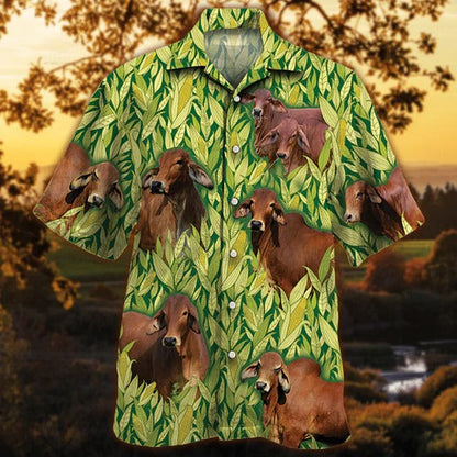 Red Brahman Cattle Lovers Corn Pattern Hawaiian Shirt, Unisex Print Aloha Short Sleeve Casual Shirt HO5089