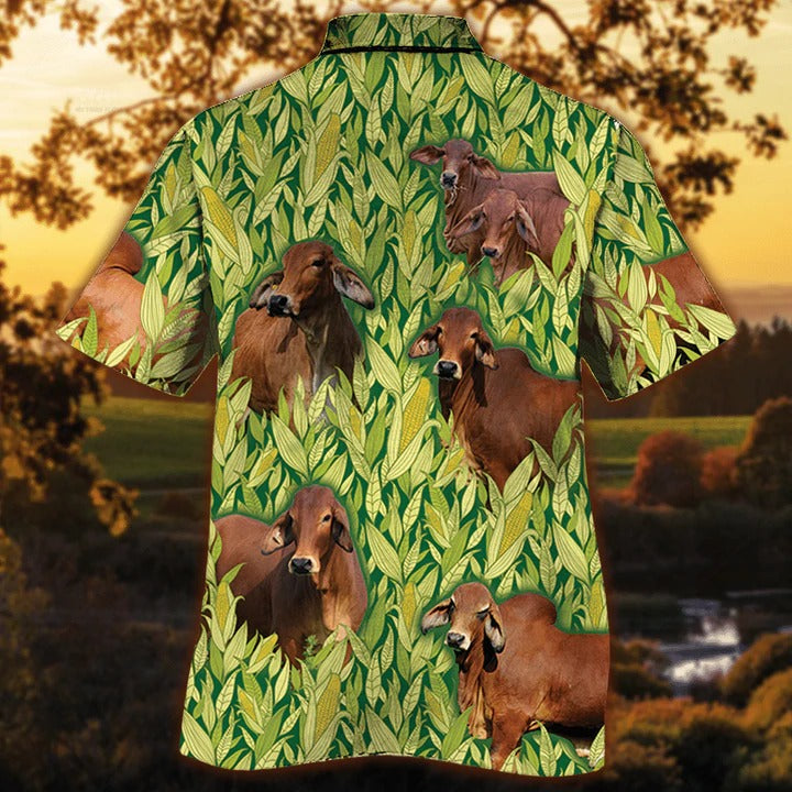 Red Brahman Cattle Lovers Corn Pattern Hawaiian Shirt, Unisex Print Aloha Short Sleeve Casual Shirt HO5089