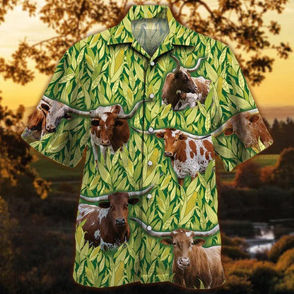 Tx Longhorn Cattle Lovers Corn Pattern Hawaiian Shirt, Unisex Print Aloha Short Sleeve Casual Shirt HO5088