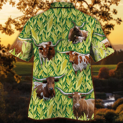 Tx Longhorn Cattle Lovers Corn Pattern Hawaiian Shirt, Cow lovers Short Sleeve Hawaiian Aloha Shirt HO2518