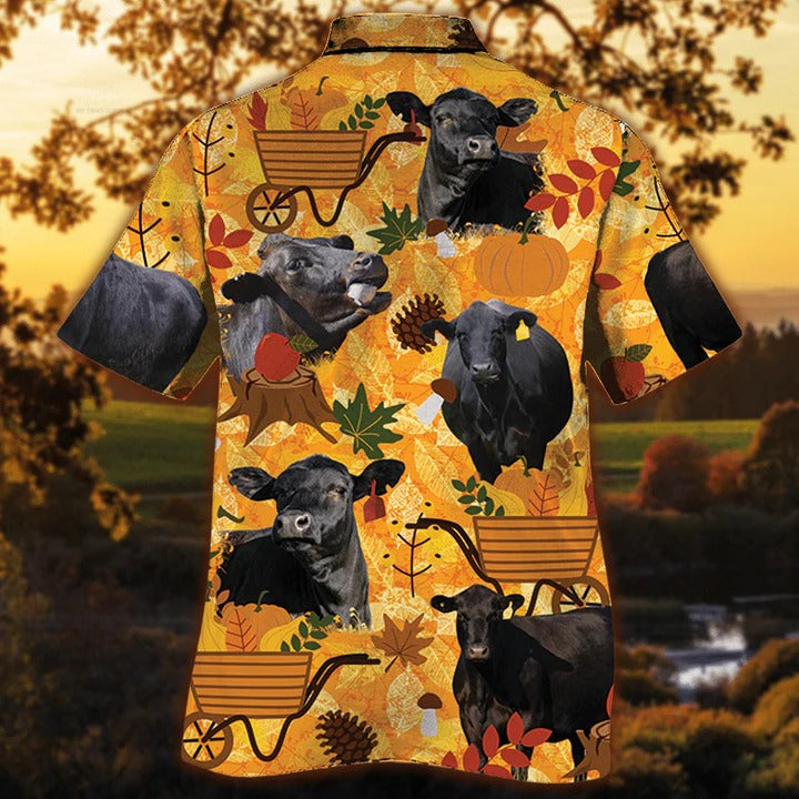 Black Angus Cattle Lovers Orange Nature Autumn Hawaiian Shirt, Unisex Print Aloha Short Sleeve Casual Shirt HO5090