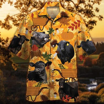 Black Angus Cattle Lovers Orange Nature Autumn Hawaiian Shirt, Unisex Print Aloha Short Sleeve Casual Shirt HO5090