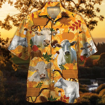 Charolais Cattle Lovers Orange Nature Autumn Hawaiian Shirt, Unisex Print Aloha Short Sleeve Casual Shirt HO5086