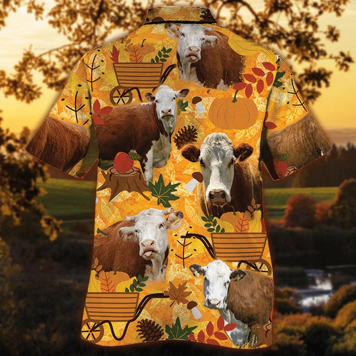 Hereford Cattle Lovers Orange Nature Autumn Hawaiian Shirt, Unisex Print Aloha Short Sleeve Casual Shirt HO5087