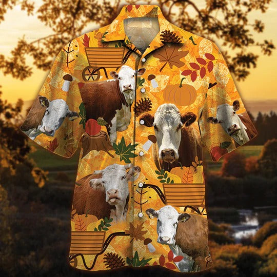 Hereford Cattle Lovers Orange Nature Autumn Hawaiian Shirt, Unisex Print Aloha Short Sleeve Casual Shirt HO5087