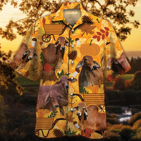 Red Brahman Cattle Lovers Orange Nature Autumn Hawaiian Shirt, Unisex Print Aloha Short Sleeve Casual Shirt HO5085