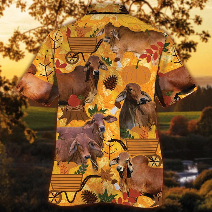 Red Brahman Cattle Lovers Orange Nature Autumn Hawaiian Shirt, Unisex Print Aloha Short Sleeve Casual Shirt HO5085