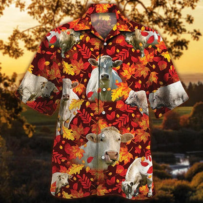 Charolais Cattle Lovers Autumn Red Leaves Hawaiian Shirt, Unisex Print Aloha Short Sleeve Casual Shirt HO5082