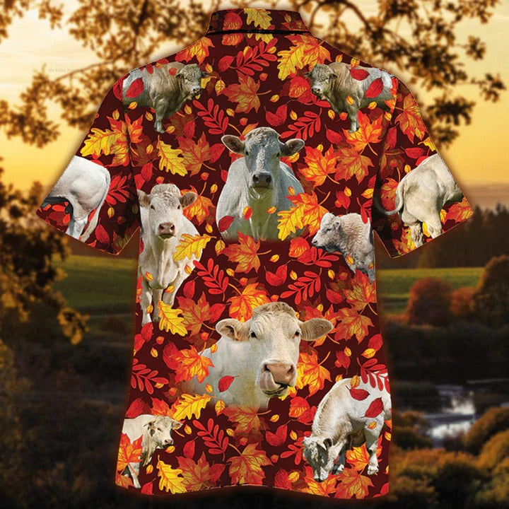 Charolais Cattle Lovers Autumn Red Leaves Hawaiian Shirt, Unisex Print Aloha Short Sleeve Casual Shirt HO5082