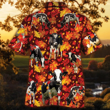 Holstein Friesian Cattle Lovers Autumn Red Leaves Hawaiian Shirt, Unisex Print Aloha Short Sleeve Casual Shirt HO5083